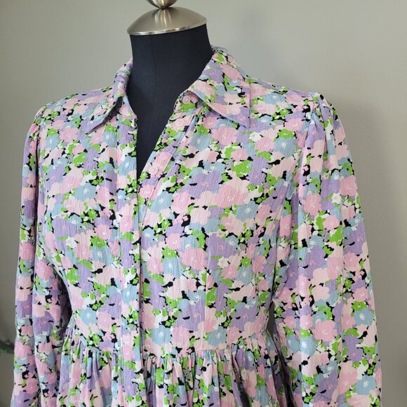 Selected Femme Judita Floral Shirt Dress w Statement Sleeves retro print - Picture 3 of 11